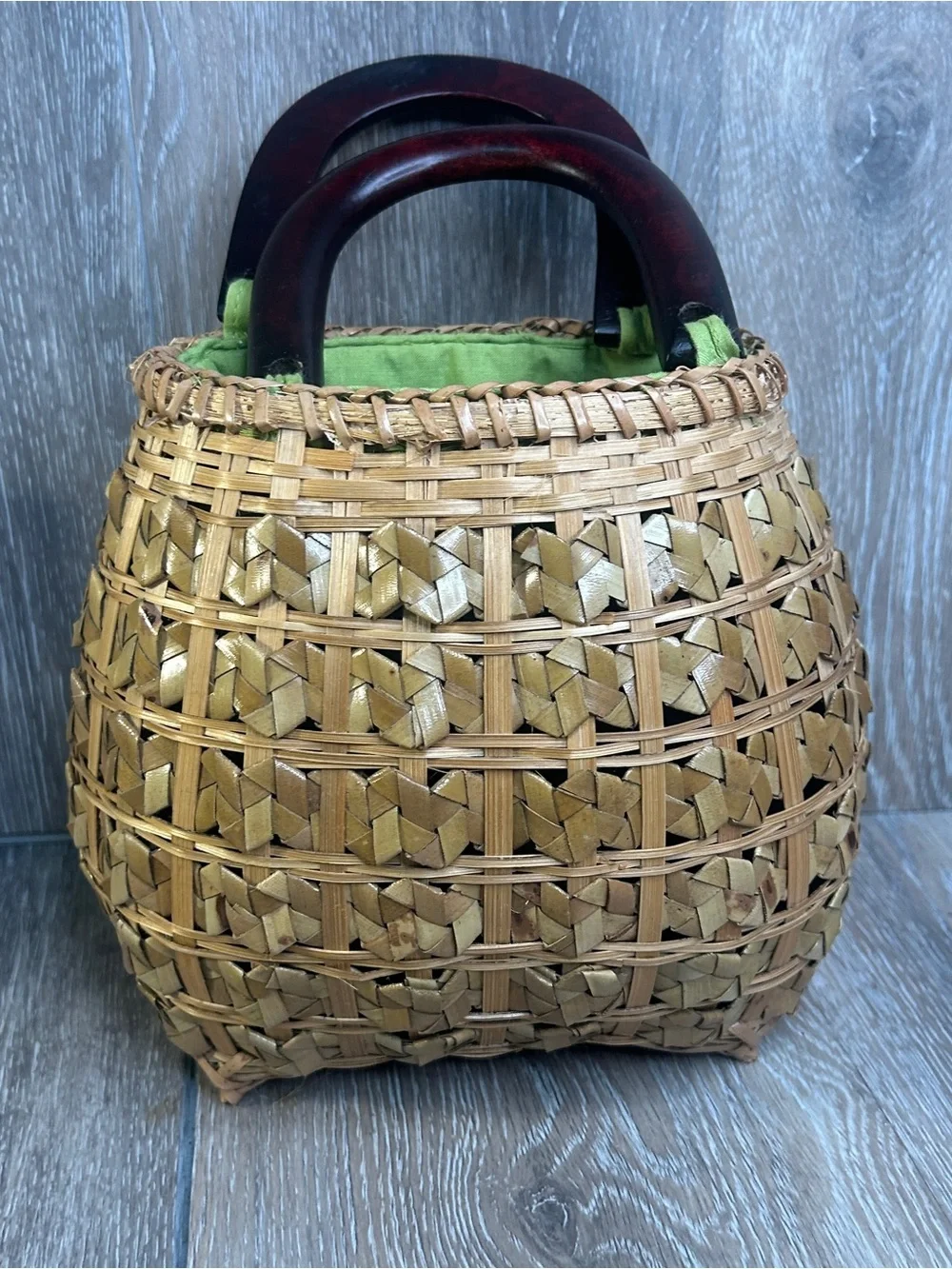 Vintage Straw Basket Handbag Wood Handle Drawstring Floral Lined Boho Beach Tote